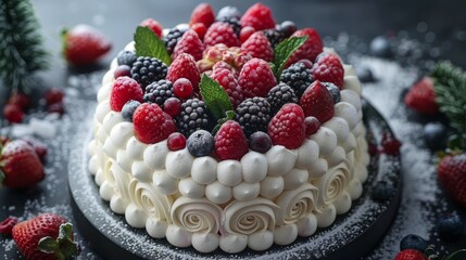  A black plate holds a cake topped with raspberries, mints, and berries, all covered in white frosting