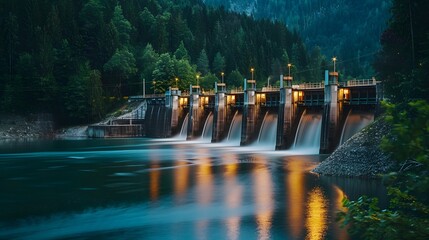 A hydroelectric dam at twilight, with water cascading down its spillways, surrounded by lush forests, and the dam's lights reflecting on the calm water surface. - obrazy, fototapety, plakaty