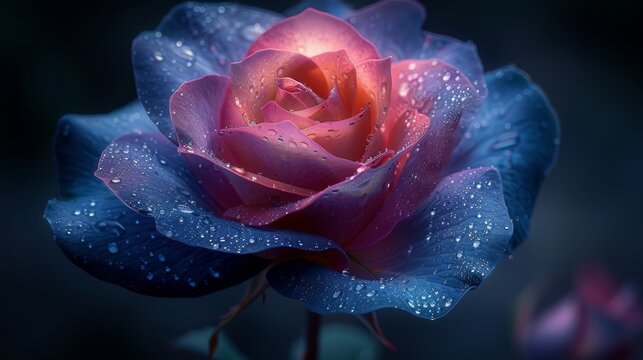   A close-up image of a pink and blue rose with water droplets on its petals against a dark background