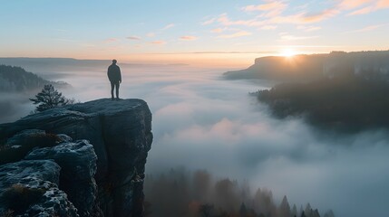 A lone figure standing at the edge of a cliff, looking out over an expansive, fog-covered valley at...