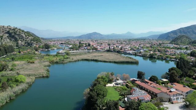 Dalyan Town riverside drone view in Mugla Province of Turkey