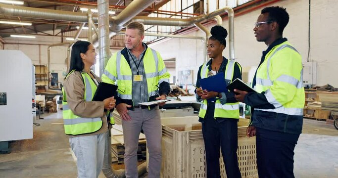 Carpentry team, clipboard and wood manufacturing and meeting for discussion of product design in factory. Men, woman and diversity with work schedule in workshop and collaboration on woodwork project