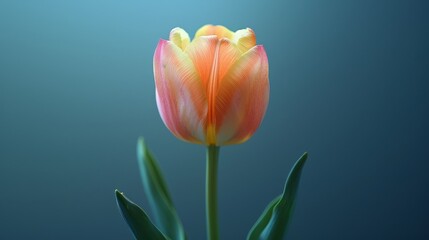   A lone pink and yellow tulip on a green leaf background against a blue backdrop and a blue sky in the backdrop