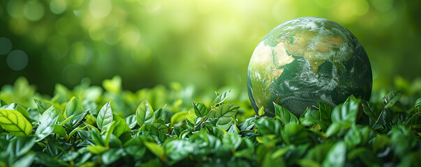 A green background with an earth globe and plant leaves. Green background, soft ambient light....