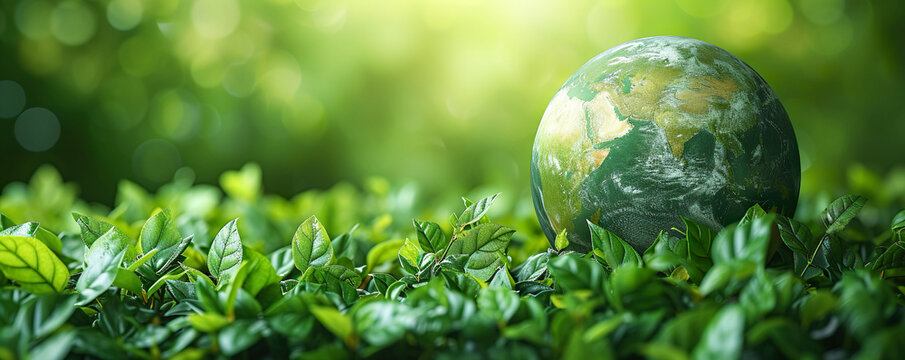 A green background with an earth globe and plant leaves. Green background, soft ambient light. Environmental protection and the planet's health in ecofriendly technology concept.