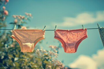 Retro panties on the line with a vintage filter - obrazy, fototapety, plakaty
