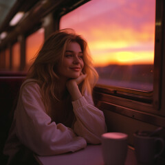 Young woman feeling relaxed traveling near window while sitting in the train.