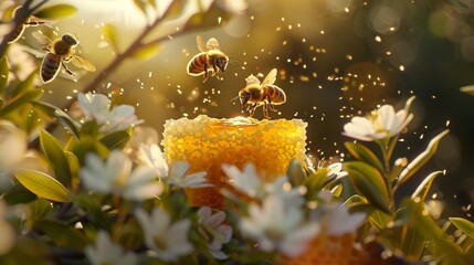  A photorealistic image placing a rectangular honey product at the center, encircled by Manuka honey, propolis, and buzzing three bees