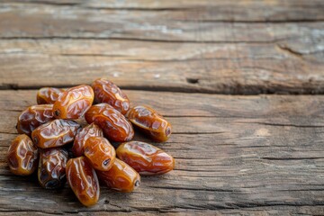 Obraz premium Ripe dates on antique table empty space focused