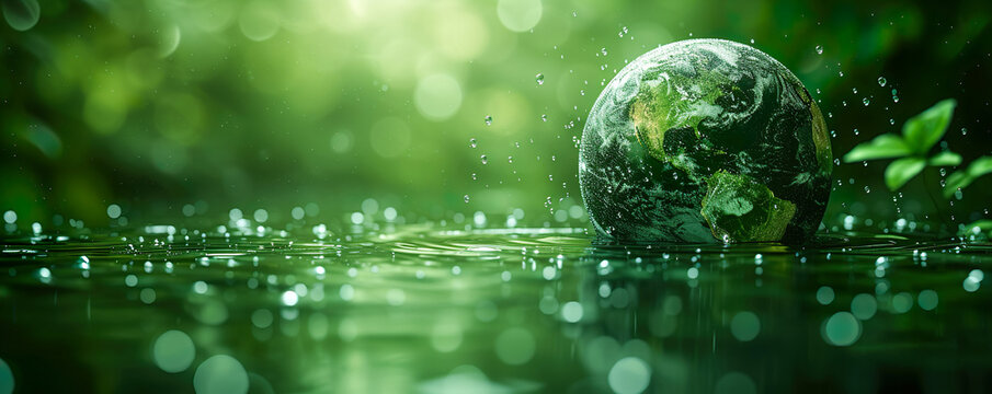 A green background with an earth globe, rain and some water drops. Green background, soft ambient light. Environmental protection and the planet's health in ecofriendly technology concept.