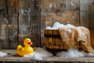 Rubber duck and soap suds in wooden tub - obrazy, fototapety, plakaty