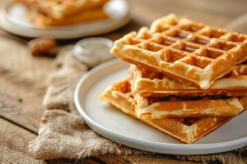 Rustic concept Delectable Belgian waffles on wooden background