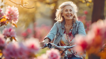 Senior woman enjoying a bike ride in a blossoming park. Leisure activity, joyous expression, spring season. Outdoor lifestyle portrait in nature. Candid moment captured. AI