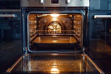 Shot of open electric oven in horizontal orientation with convection inside - obrazy, fototapety, plakaty