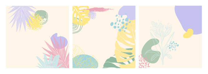 A triptych of soft pastel backgrounds with tropical flora designs, conveying a warm and modern summer aesthetic - obrazy, fototapety, plakaty