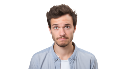 Young man in a blue shirt with a quizzical expression on transparent background.