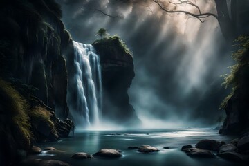 The mist rising from the waterfall, creating an ethereal atmosphere that envelops the entire scene in a dreamlike haze - obrazy, fototapety, plakaty