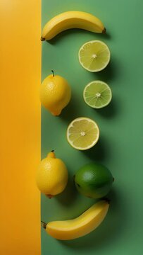 Fresh lemons, limes, and bananas arranged on a contrasting green and yellow backdrop, vertical video, helth food
