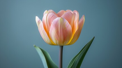   Pink and yellow tulip with green leaves on blue background, gray backdrop