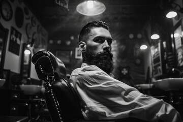 Skilled stylist in modern barber shop vintage chair black and white décor bearded client