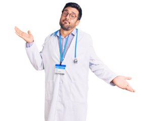 Young hispanic man wearing doctor uniform and stethoscope clueless and confused expression with arms and hands raised. doubt concept.