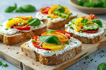 Sliced bread with cream cheese and veggies diet idea