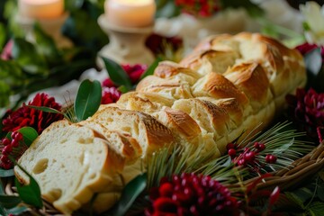 Sliced Italian bread on a bed of red and green leaves