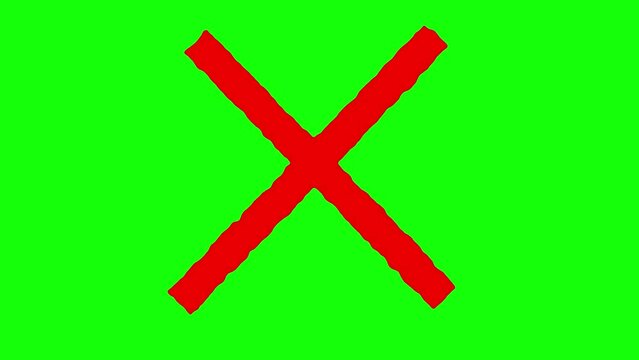 Red cross mark. Cross Sign on a Green Screen. Grunch Wrong Symbol. Incorrect Sign. 4K