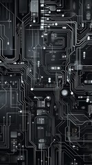 Delve into the complex beauty of a circuit board's heart, where pathways of data glow with life against the stark black backdrop.