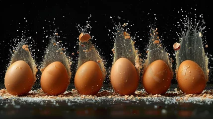 Fotobehang   A line of brown eggs with a single drip of water emerging from their uppermost tip © Anna