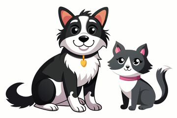 a small black and white cat along with a large black cat vector illustration