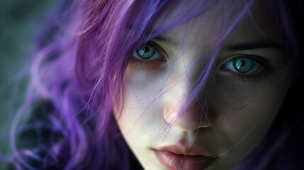 Zbliżenie na twarz dziewczynki z fioletowymi włosami - obrazy, fototapety, plakaty