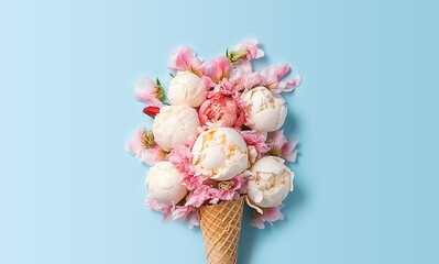 Peony flowers in the waffle cone on blue background