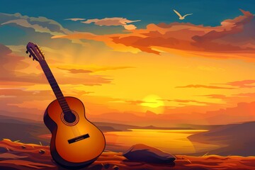 Spanish culture represented through music with acoustic guitar and sunset scenery - obrazy, fototapety, plakaty