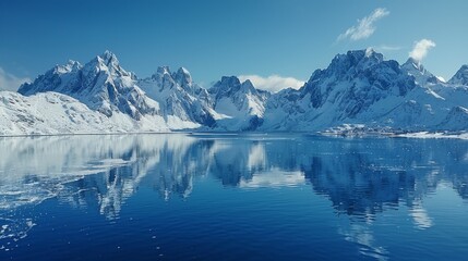 Fototapeta na wymiar A snowy mountain range reflects in the calm water of a lake
