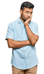 Handsome hispanic man wearing casual clothes thinking looking tired and bored with depression problems with crossed arms.