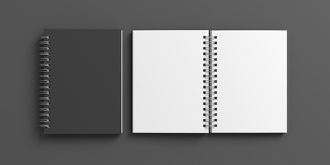 Notebook mockup. Closed and open blank notebook with black cover. Spiral notepad on gray background