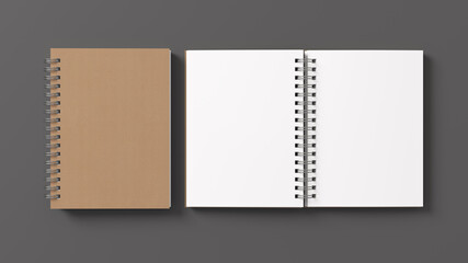Notebook mockup. Closed and open blank notebook with craft paper cover. Spiral notepad on gray background