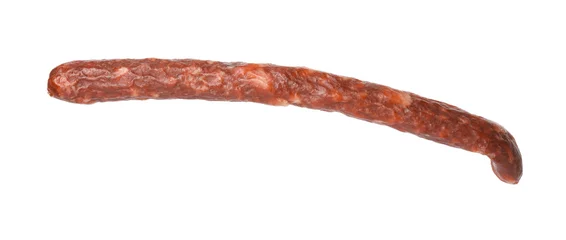 Schilderijen op glas Thin dry smoked sausage isolated on white © New Africa