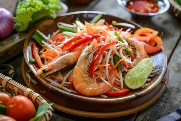 Spicy salty Thai papaya salad with tomatoes peppers shrimp clams and vegetables
