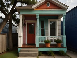 A shotgun house with a narrow, elongated structure, front porch, and vibrant exterior colors, generative AI