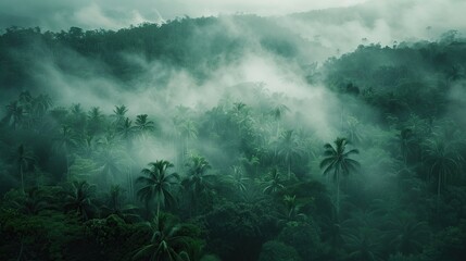 A panoramic view of a forest scene in the morning shrouded in mist, seen from above. Natural forest background, the lungs of the world. - obrazy, fototapety, plakaty