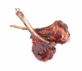 Fotobehang Pieces of delicious grilled beef meat isolated on white, top view © New Africa
