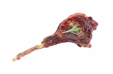 Fotobehang Delicious grilled beef meat and rosemary isolated on white, top view © New Africa