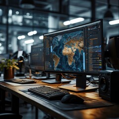 There is a computer on a desk in a room with a view of the city