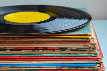 Stacked old vinyl records with multi colored covers including a black one with a yellow label for jazz vinyl record concept
