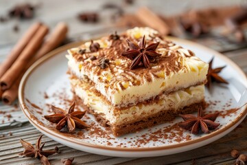 Star anise and cane sugar complete the composition of delectable tiramisu suitable for breakfast or dessert