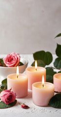 Fototapeta na wymiar Pink burning wax candles and pink roses on a light background. Romantic atmosphere background for a banner, flyer, poster or postcard with copy space. 
