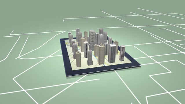 Skyscrapers Rising On A Digital Tablet Computer. City Related 3D Animations.