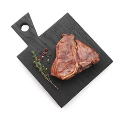 Fotobehang Delicious fried beef meat, thyme and peppercorns isolated on white, top view © New Africa